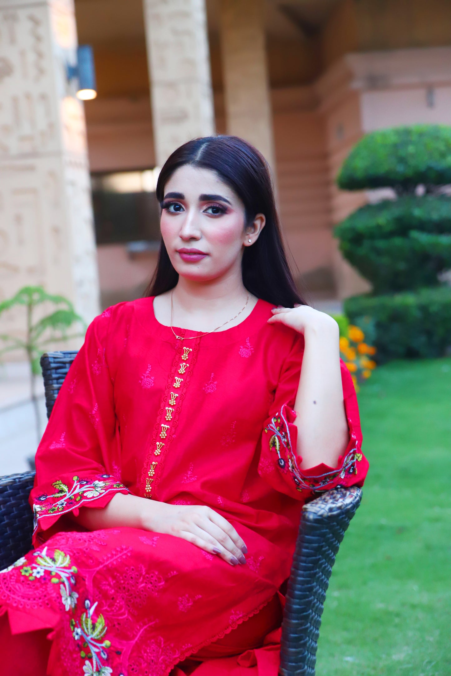 Red - Embroidered Cotton 2PC