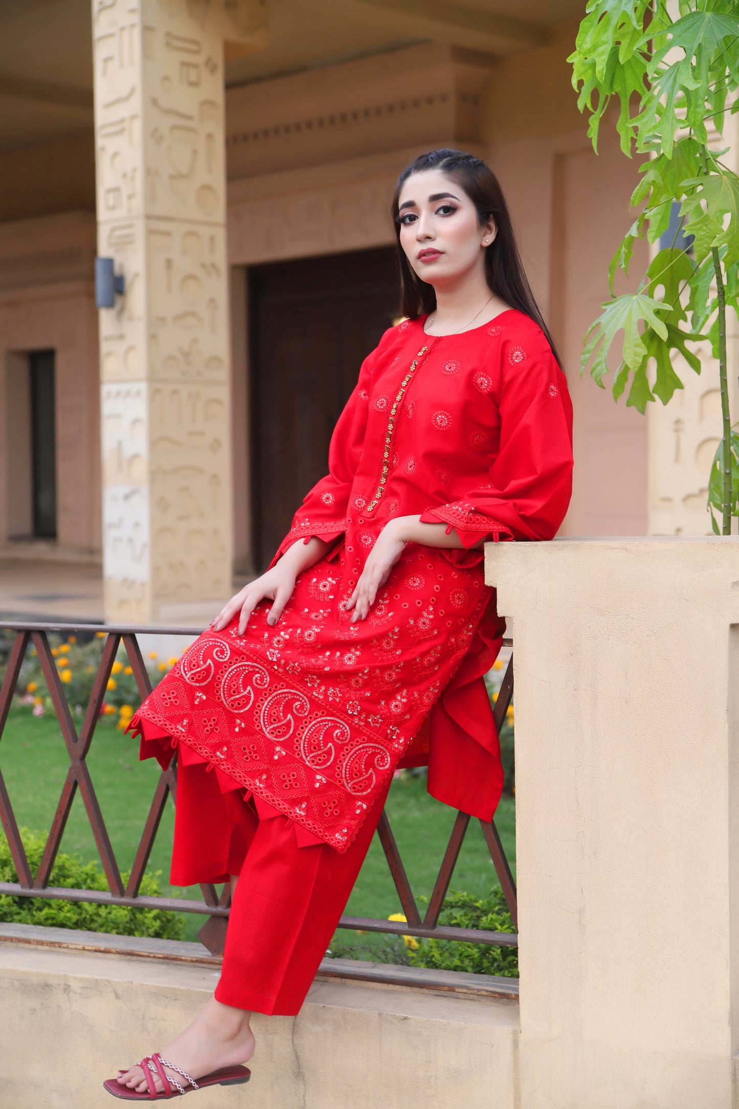 Red - Embroidered Cotton 2PC