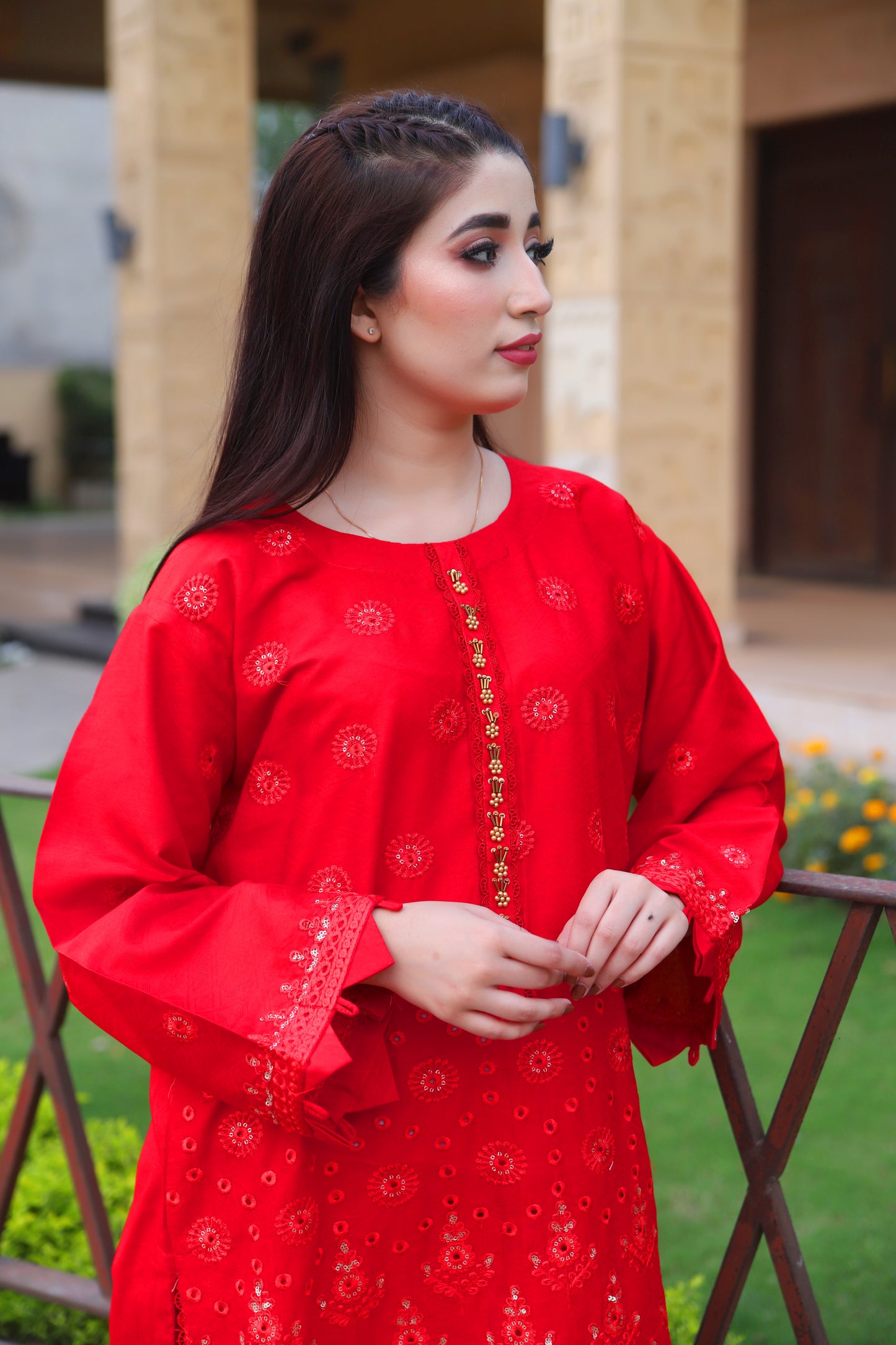 Red - Embroidered Cotton 2PC