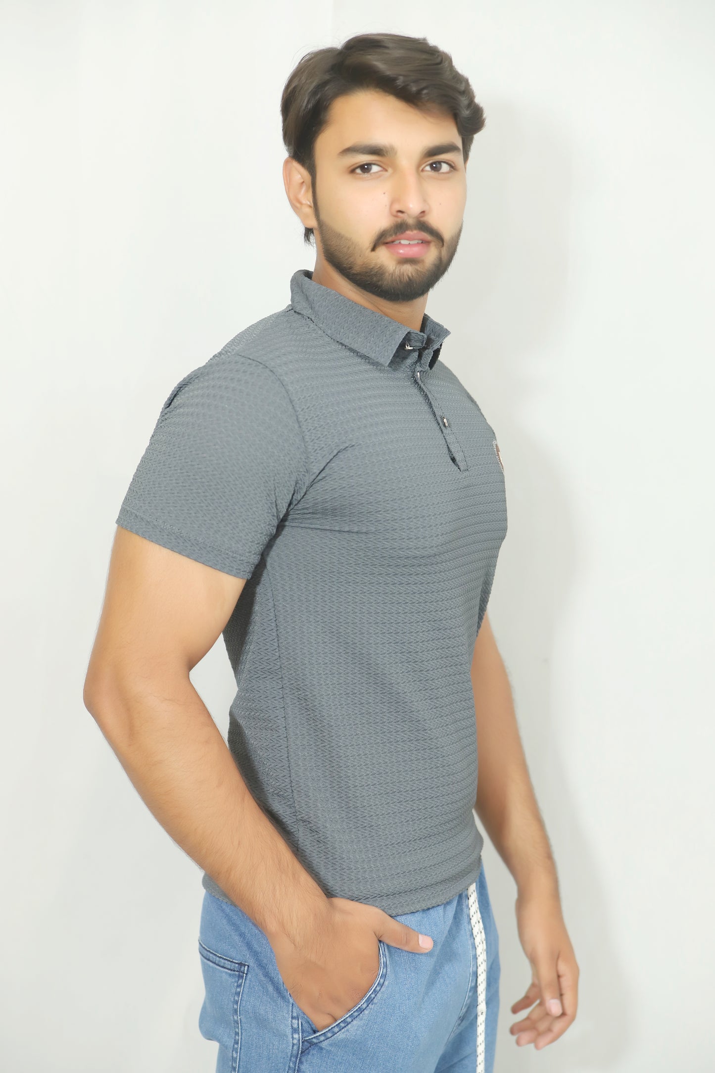 Signature Embroidered Contrast Collar Polo-charcoal gray Shirt