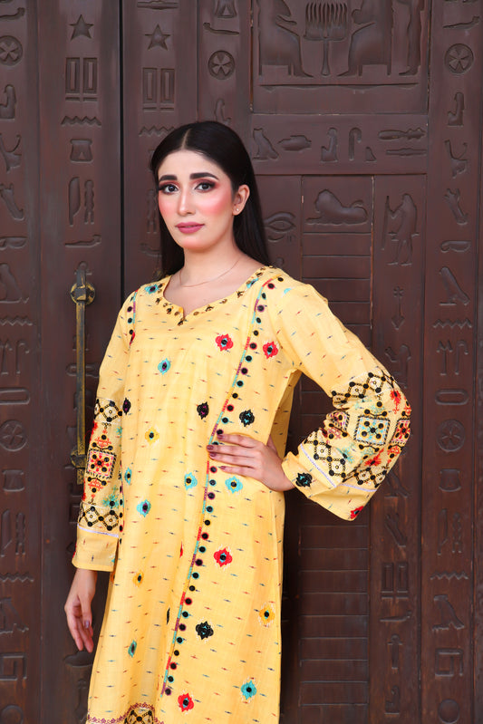 Yellow - Embroidered Cotton 2PC
