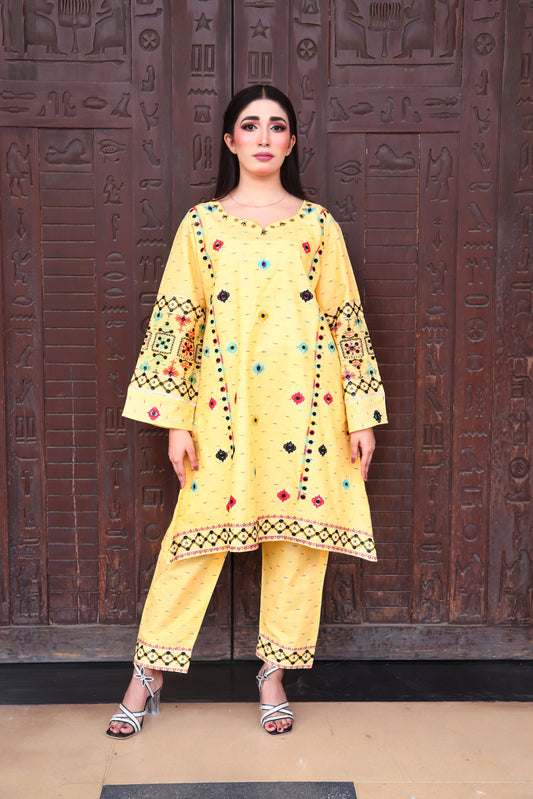 Yellow - Embroidered Cotton 2PC