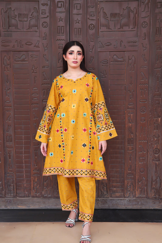 Yellow - Embroidered Cotton 2PC