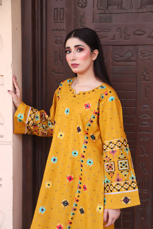 Yellow - Embroidered Cotton 2PC