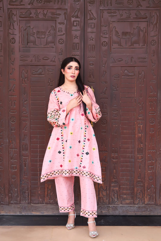 Pink - Embroidered Cotton 2PC