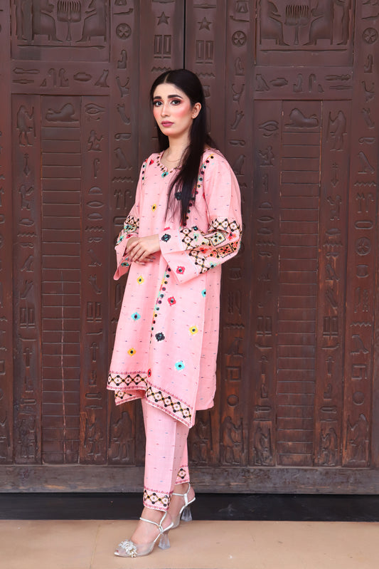 Pink - Embroidered Cotton 2PC