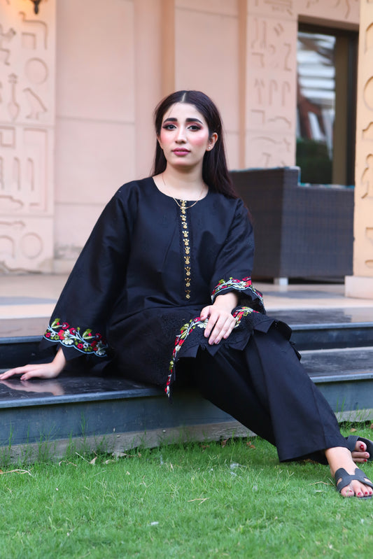 Black - Embroidered Cotton 2PC