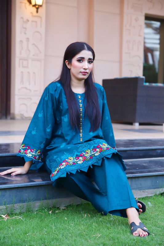 Peacock Blue- Embroidered Cotton 2PC