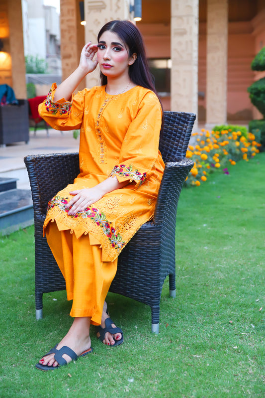 Yellow- Embroidered Cotton 2PC