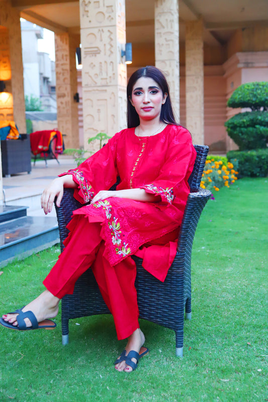 Red - Embroidered Cotton 2PC