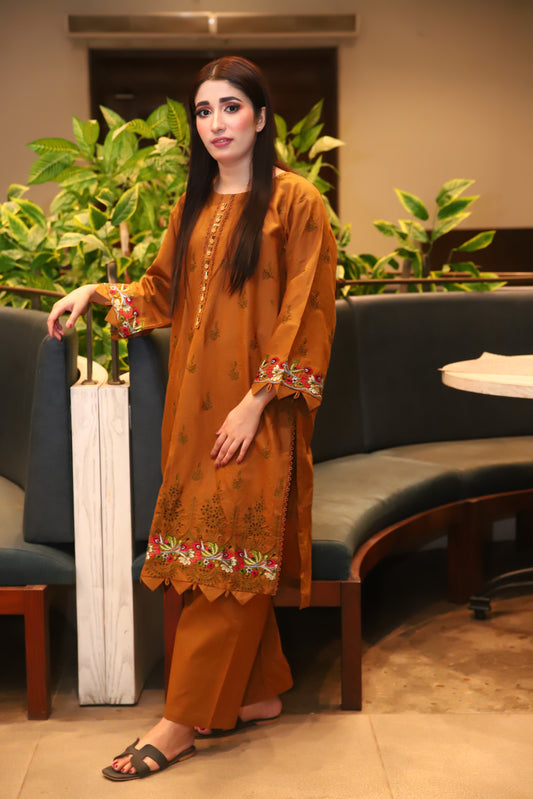 Mustard Elegance - Embroidered Cotton 2PC