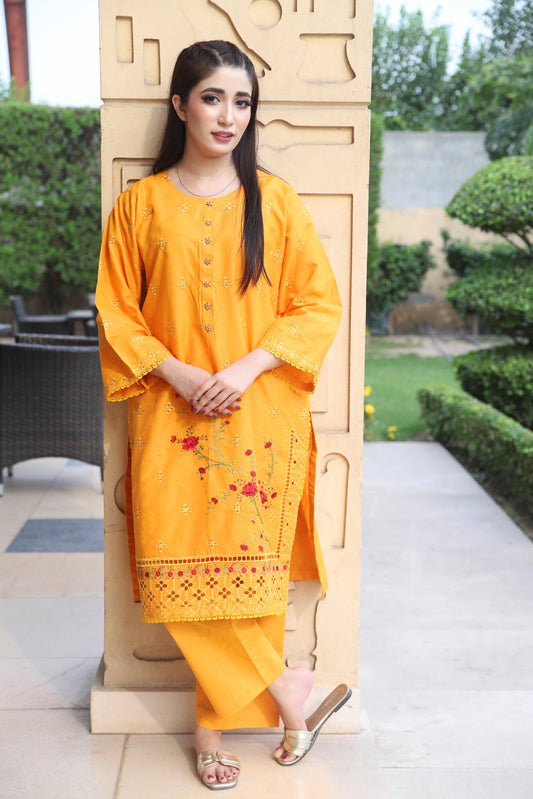Yellow - Embroidered Cotton 2PC