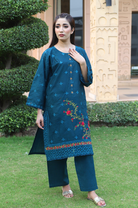 Blue - Embroidered Cotton 2PC