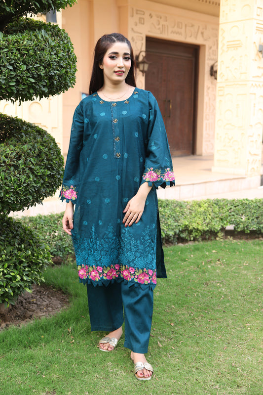 Blue - Embroidered Cotton 2PC