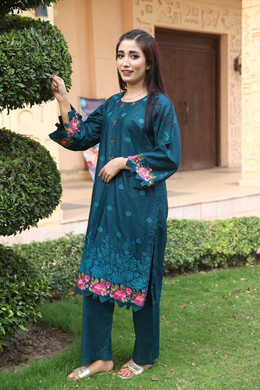 Blue - Embroidered Cotton 2PC