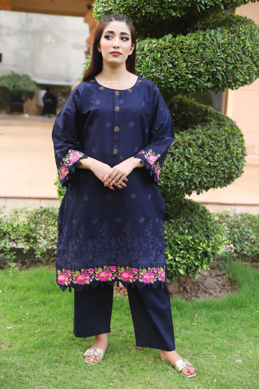Navy Blue - Embroidered Cotton 2PC