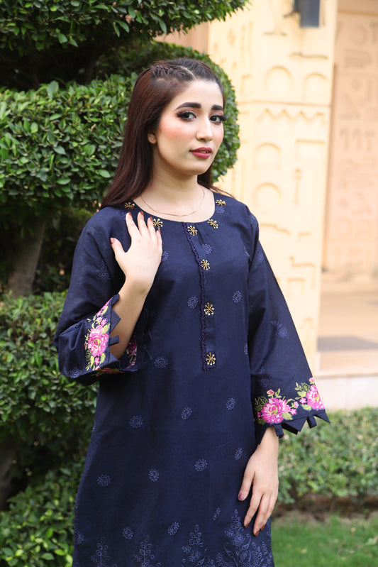 Navy Blue - Embroidered Cotton 2PC