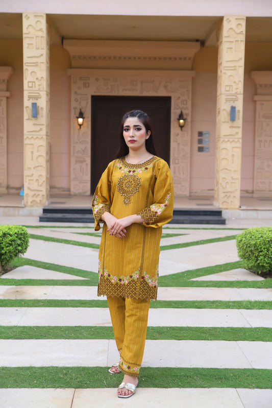 Yellow - Embroidered Cotton 2PC