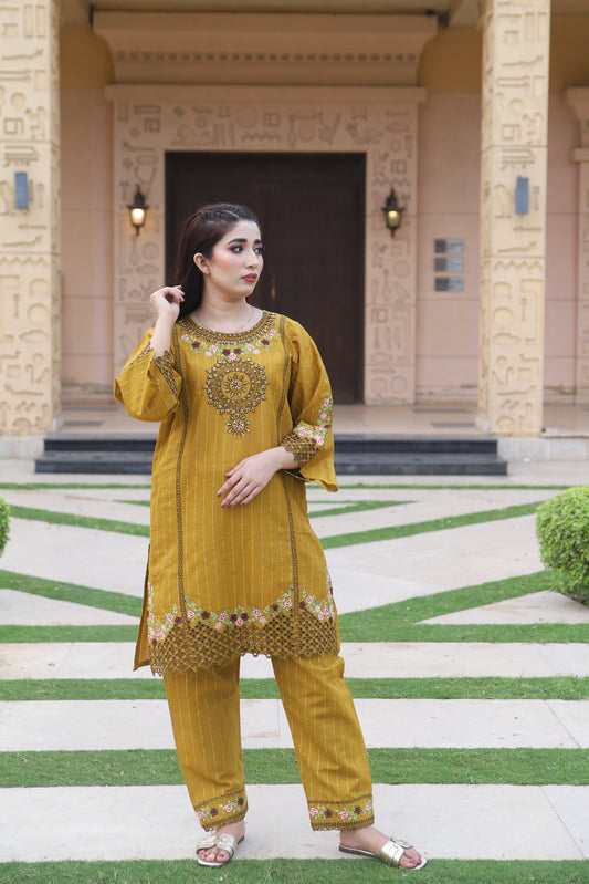 Yellow - Embroidered Cotton 2PC