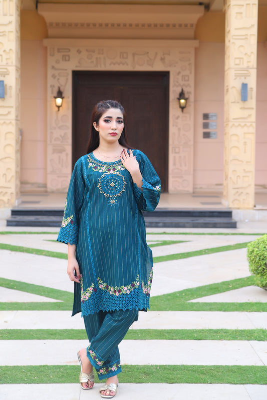 Blue - Embroidered Cotton 2PC