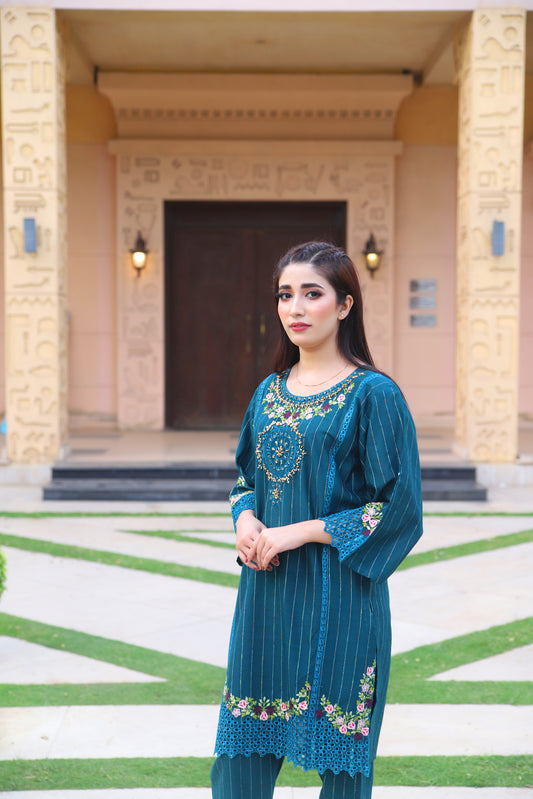 Blue - Embroidered Cotton 2PC
