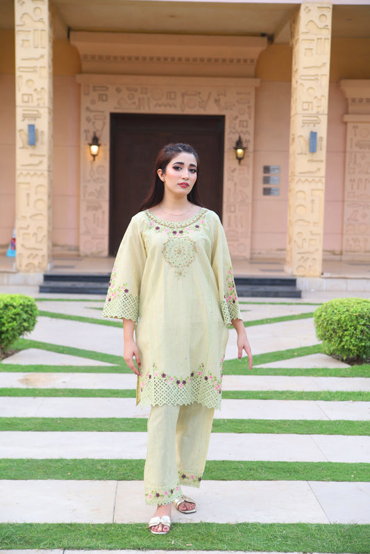 Beige - Embroidered Cotton 2PC