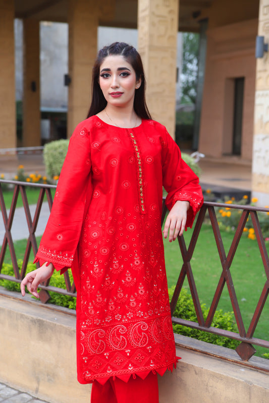 Red - Embroidered Cotton 2PC