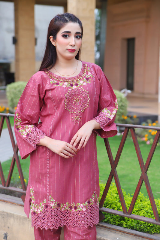 Pink - Embroidered Cotton 2PC
