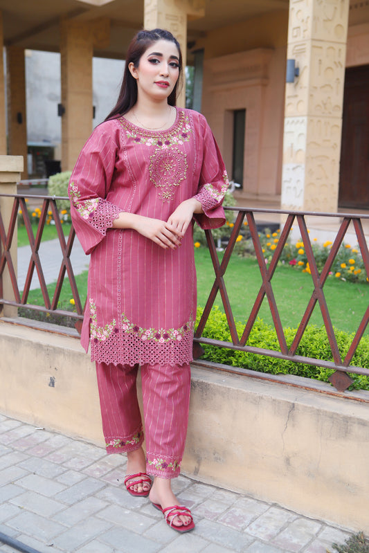 Pink - Embroidered Cotton 2PC