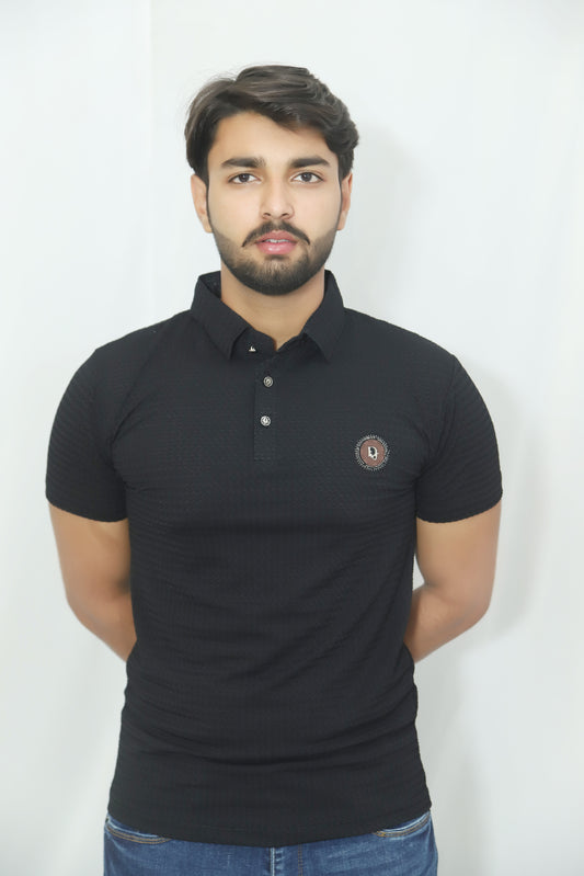 Signature Embroidered Contrast Collar Polo-Black Shirt