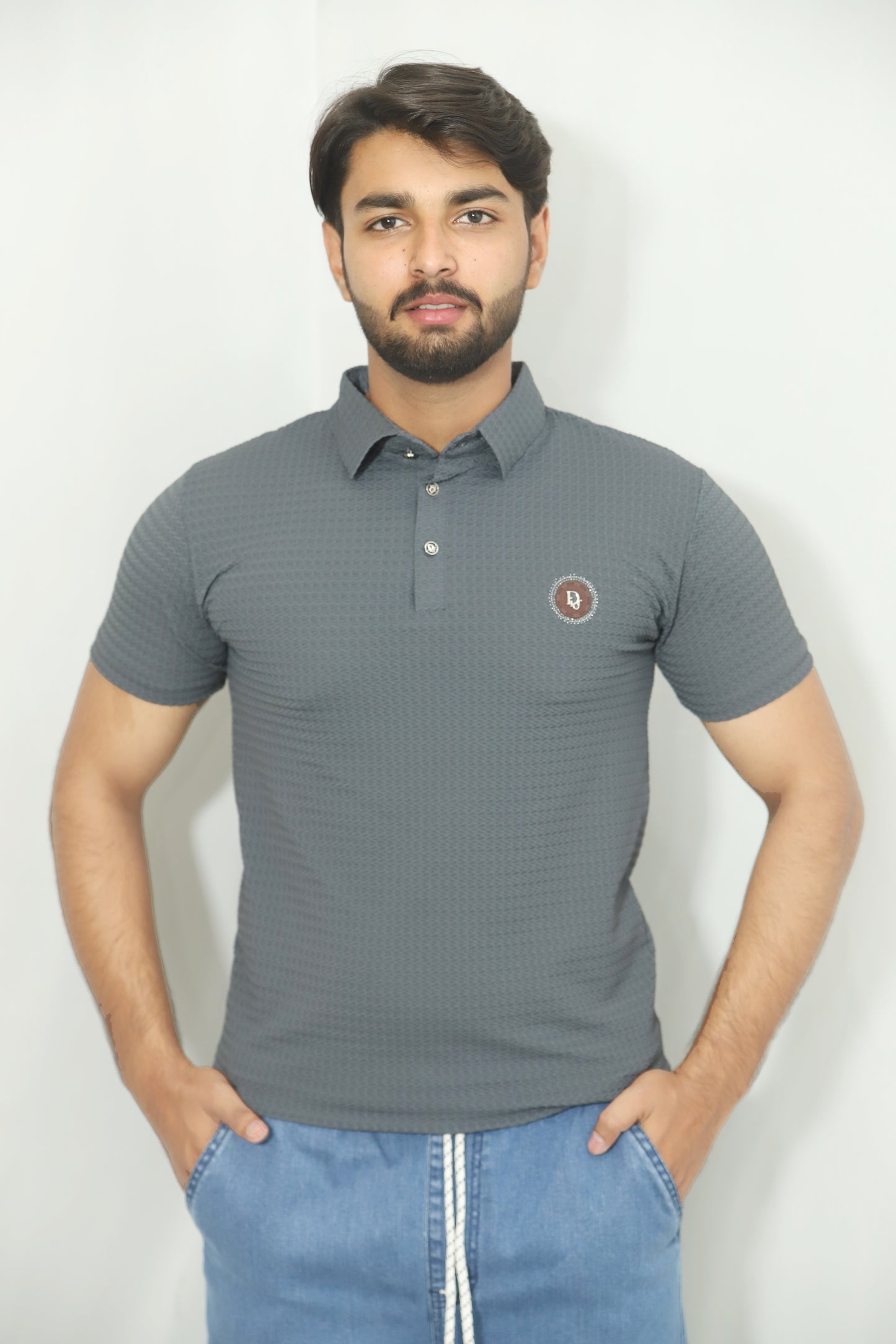 Signature Embroidered Contrast Collar Polo-charcoal gray Shirt